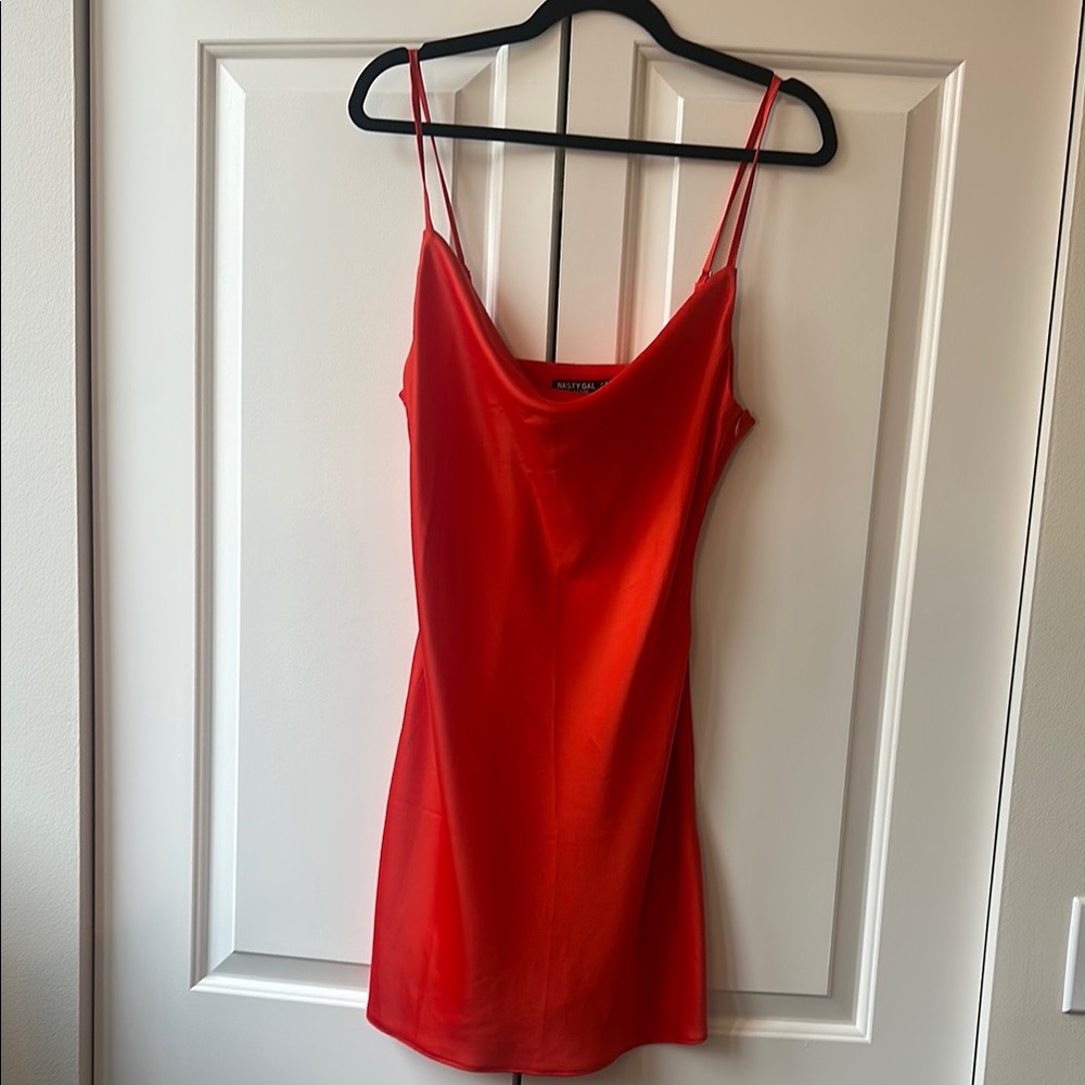 Redish Orange Satin Cowl neck Slip Dress